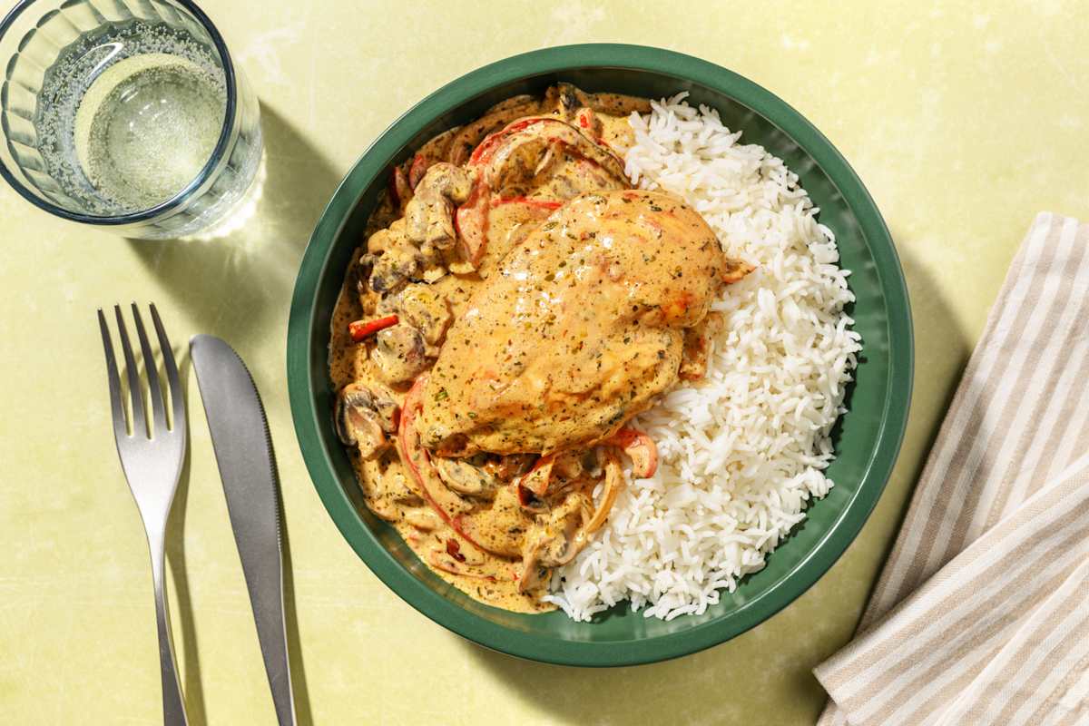Pollo con champiñones en salsa cremosa