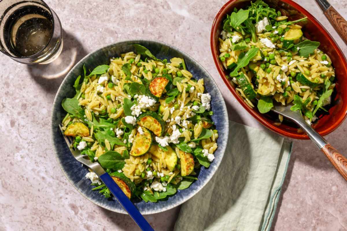 Super Green Lemony Pesto Orzo Salad