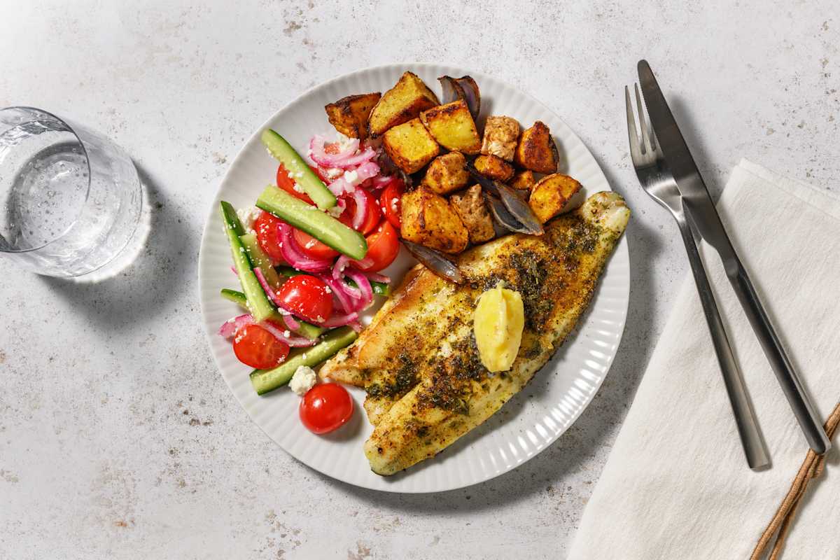 Garlic Butter Sea Bass and Greek Style Salad