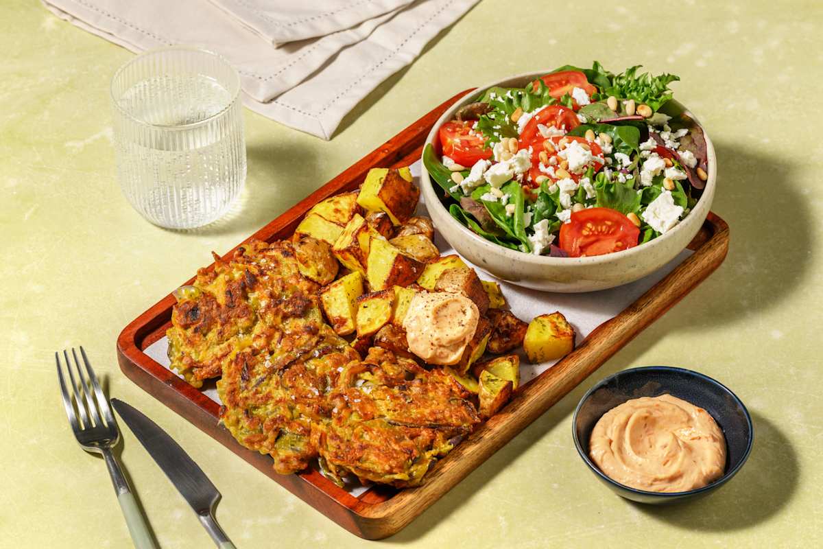 Pesto Veggie Fritters and Greek Style Salad