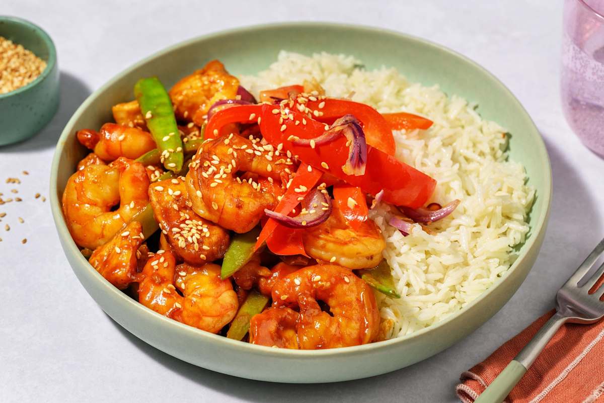 Sweet Sesame Chicken and Prawns on Rice