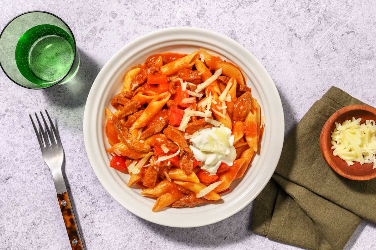 Le Végé : penne & émincés veggie à la mexicaine