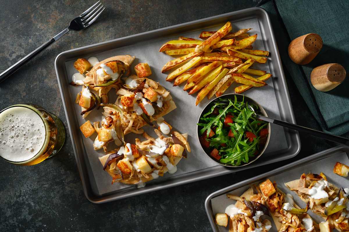 Chermoula Pulled Chicken and Halloumi Flatbreads