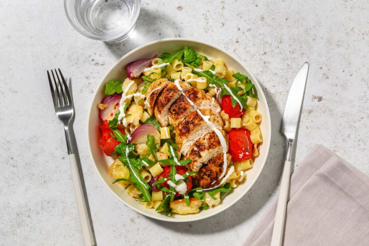 Chermoula Chicken and Warm Panzanella Pasta Salad