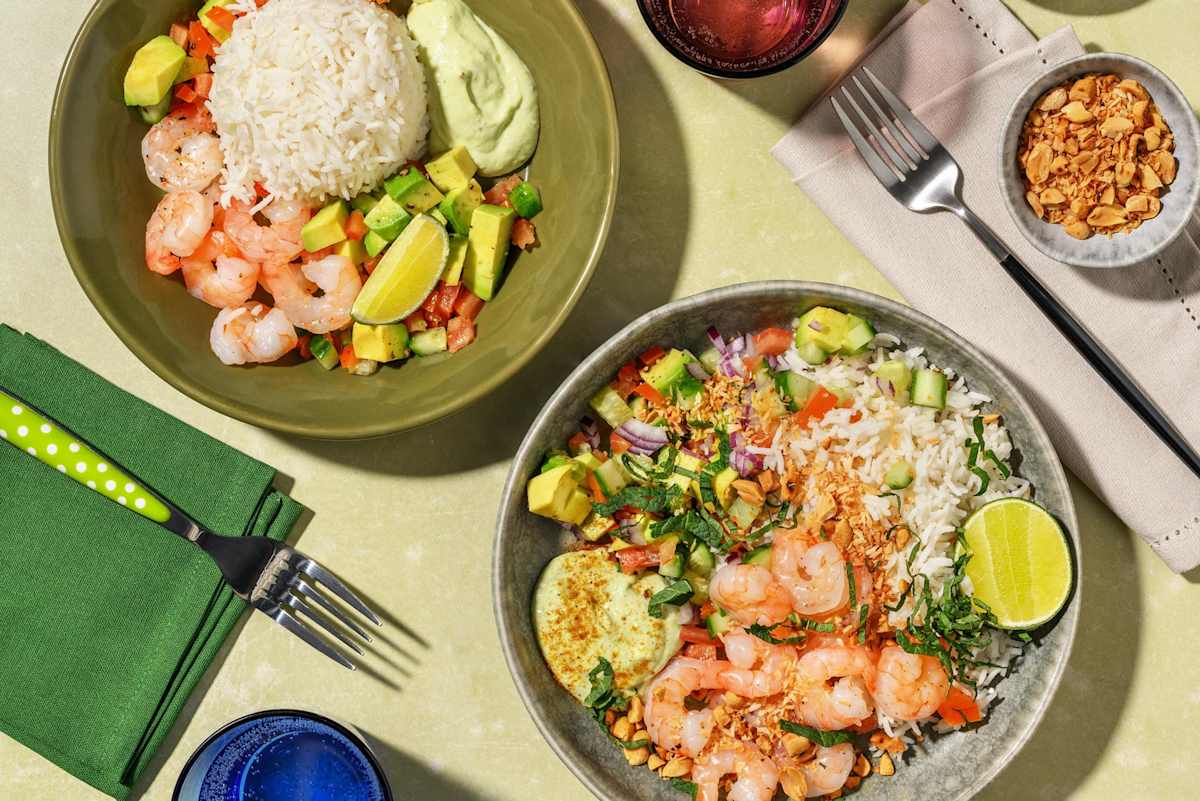 Bowl aux crevettes et salsa à la crème d'avocat