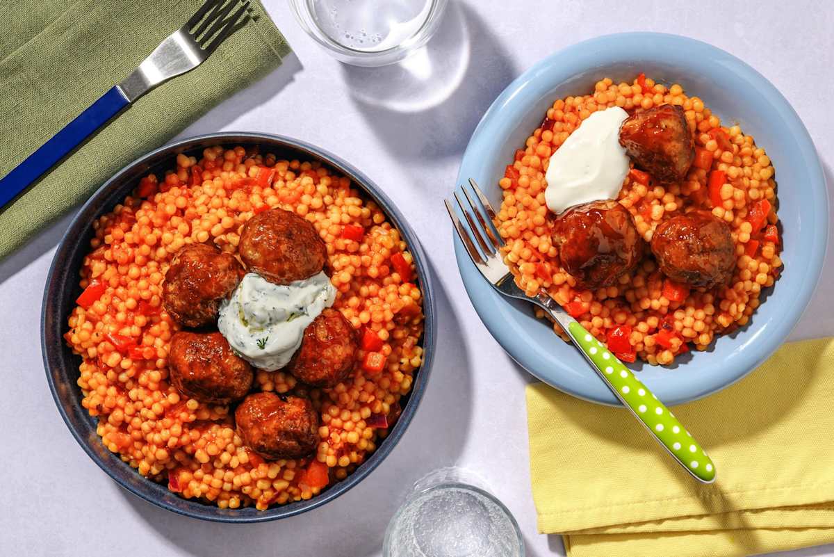 Kip-kalkoengehaktballetjes met parelcouscous