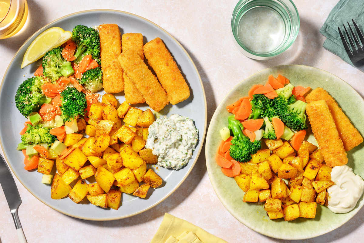 Plantaardige vissticks met aardappelen en groenten