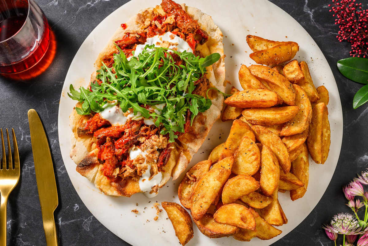 Easy Harissa-Honey Pulled Beef Loaded Naans