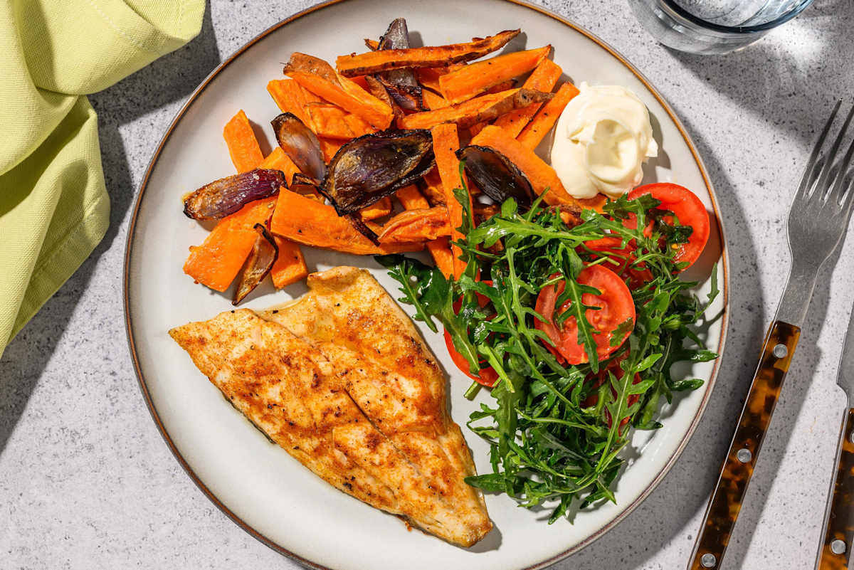 Tandoori Spiced Basa and Sweet Potato Chips 