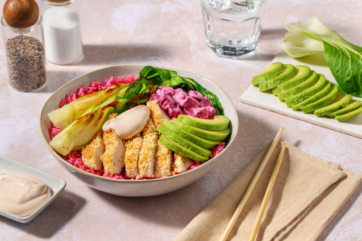 Sakura Chicken Bowl auf pinkem Reis