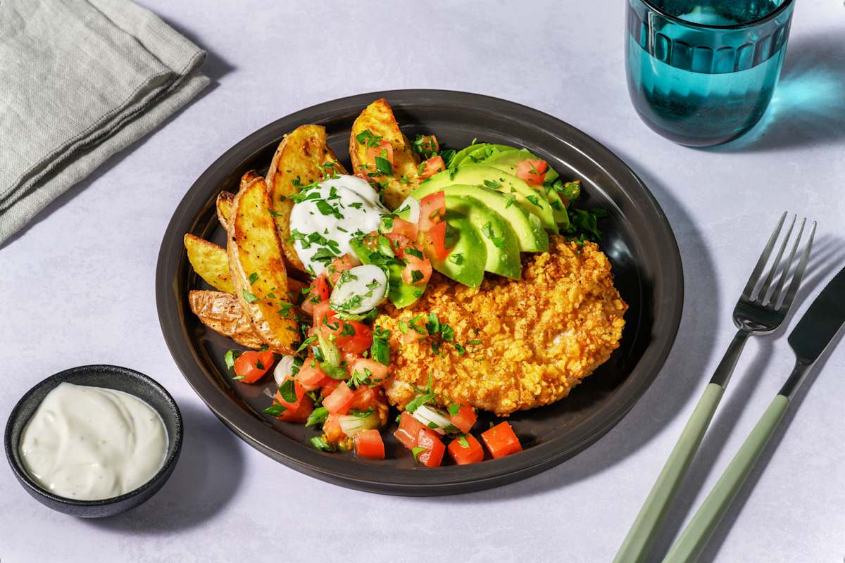 Loaded Tortilla-Schnitzel mit Kartoffelspalten