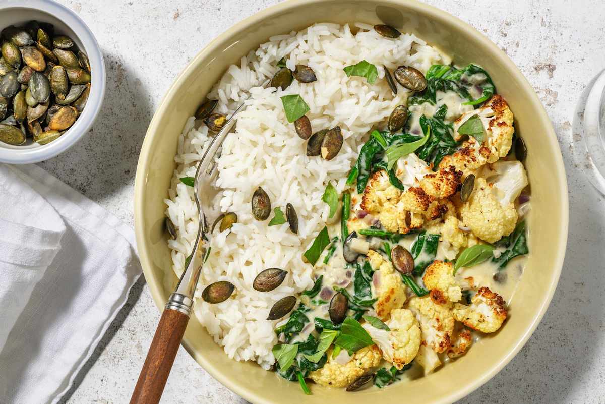 Geroosterde bloemkool in groene currysaus