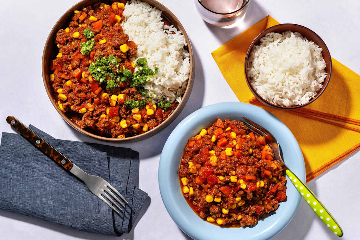 Cowboy Chili mit Bio-Rinderhack, Mais & Reis
