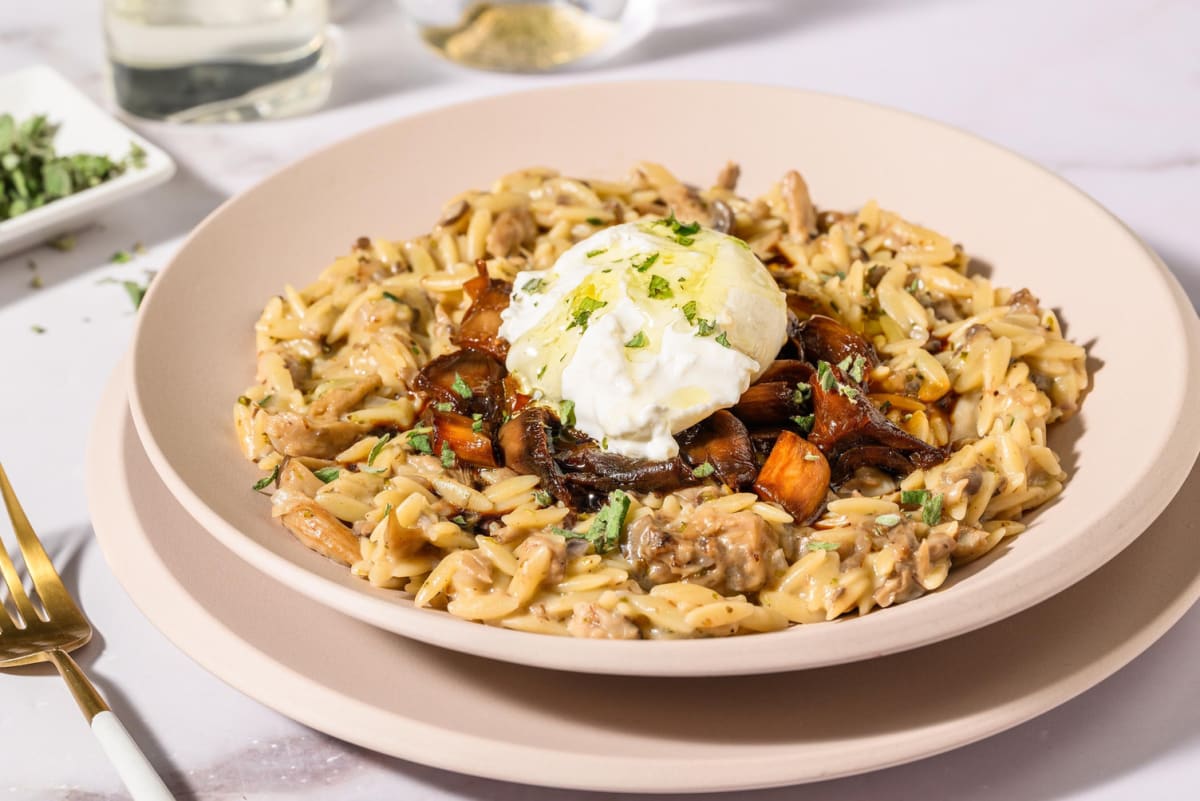 Risotto van orzo met burrata en oesterzwammen