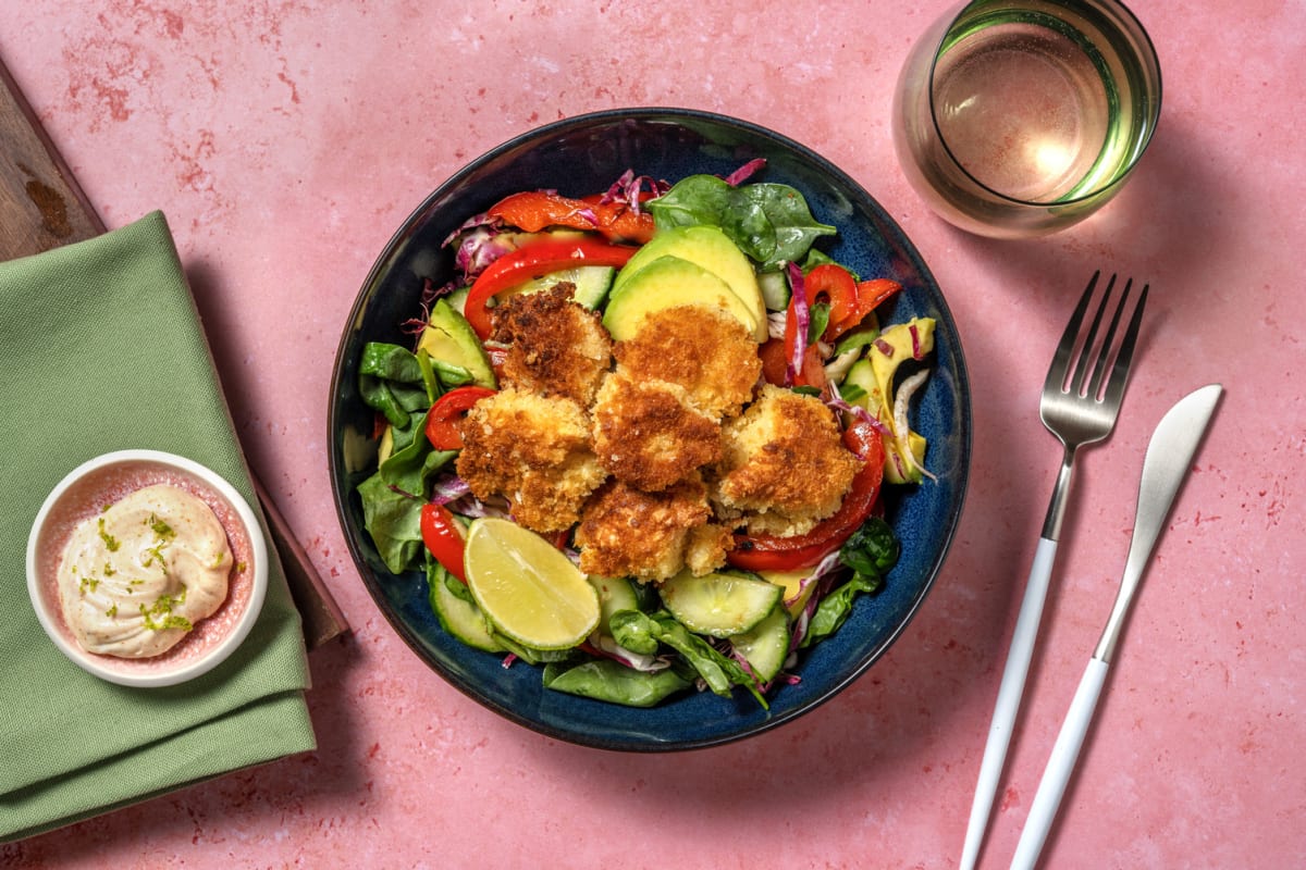 Crevettes panées & salade fraîche d'avocat