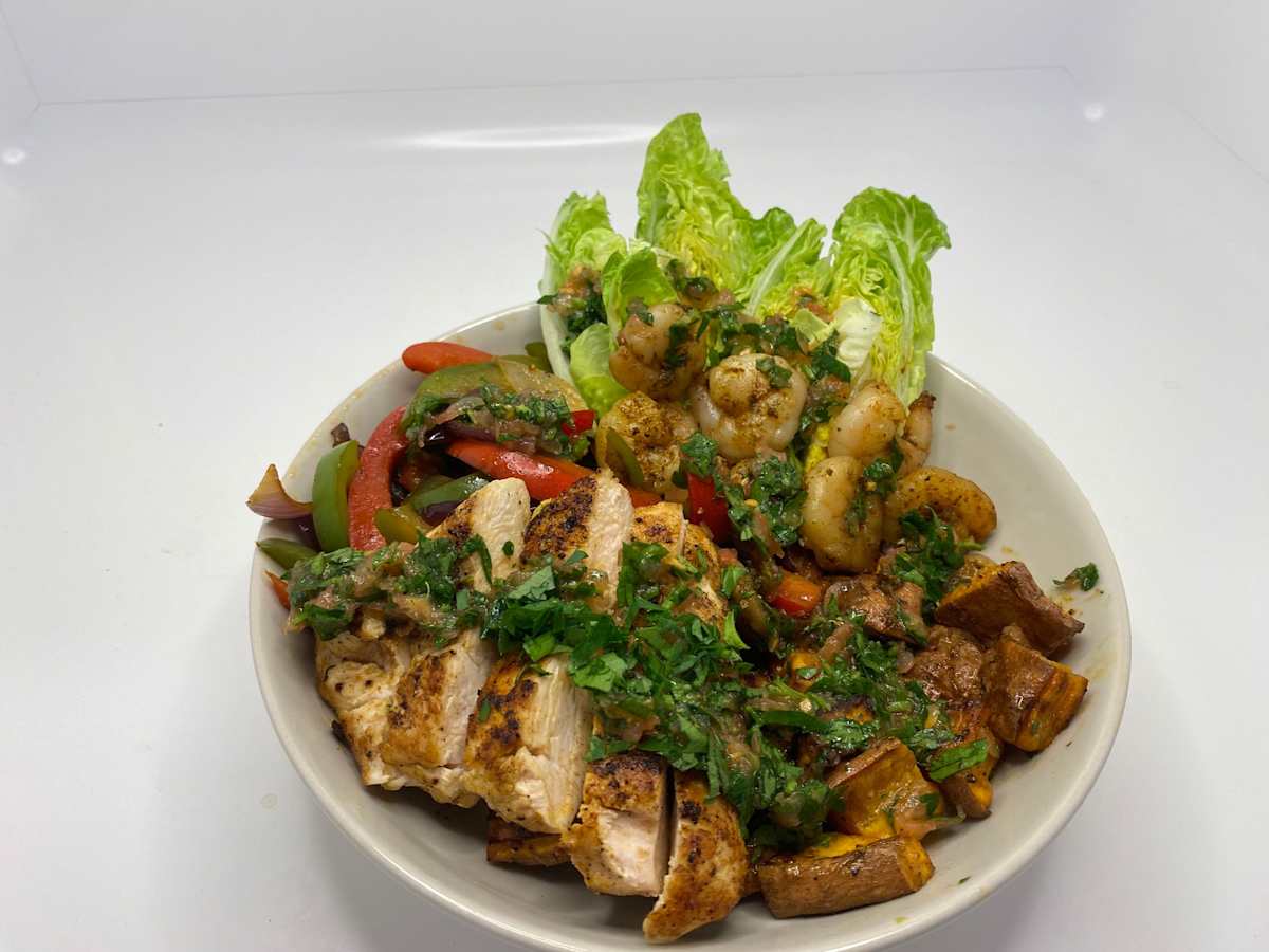 Sweet potato-chicken-shrimp bowl