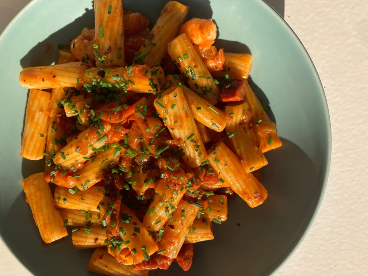 Shrimp and chorizo rigatoni