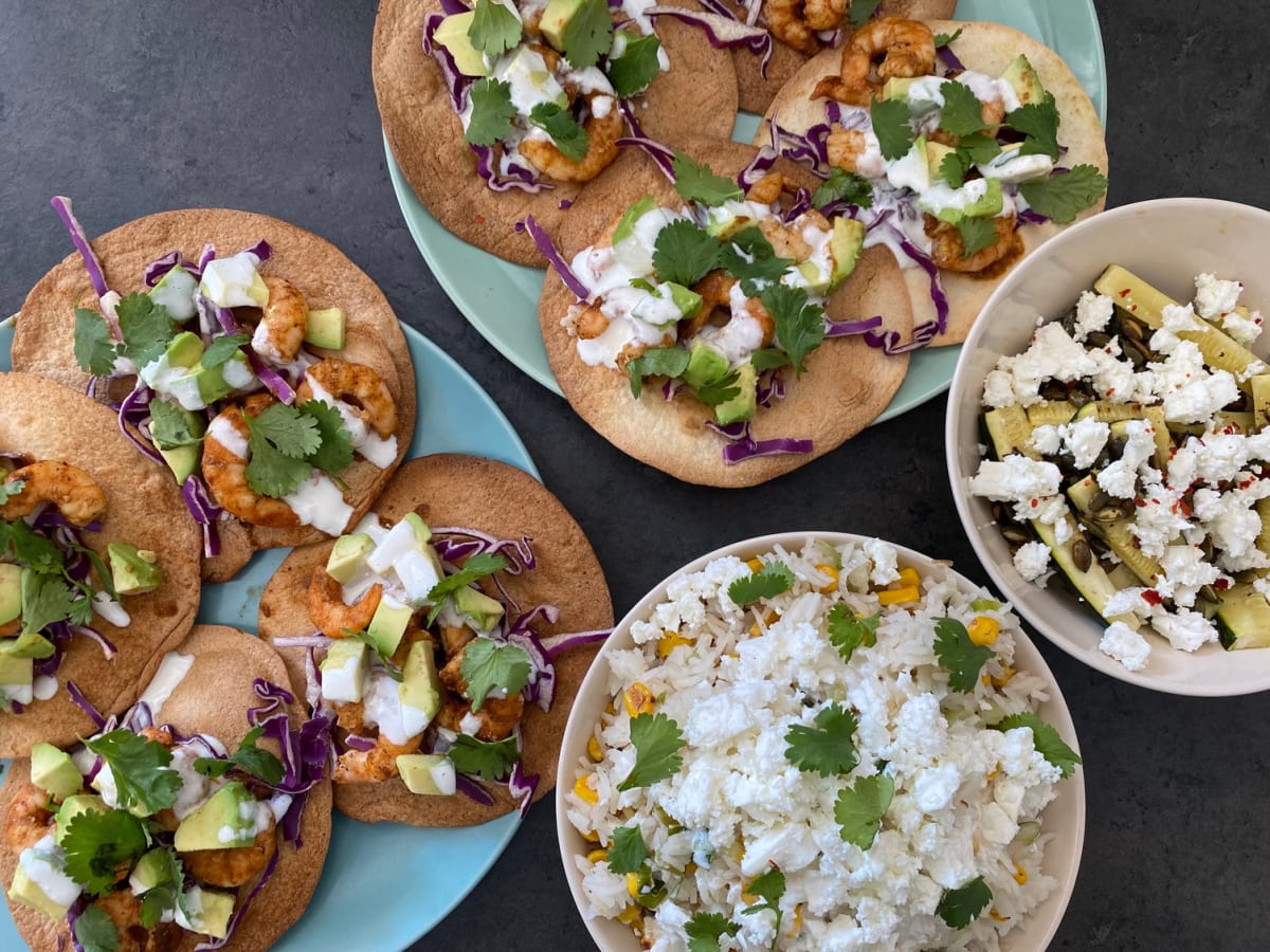 Shrimp tostadas and  charred corn rice 
