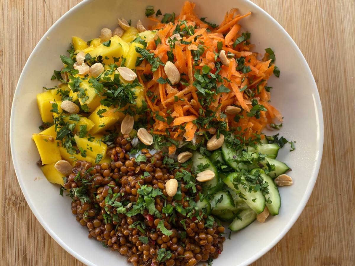 Asian-inspired green lentil bowl