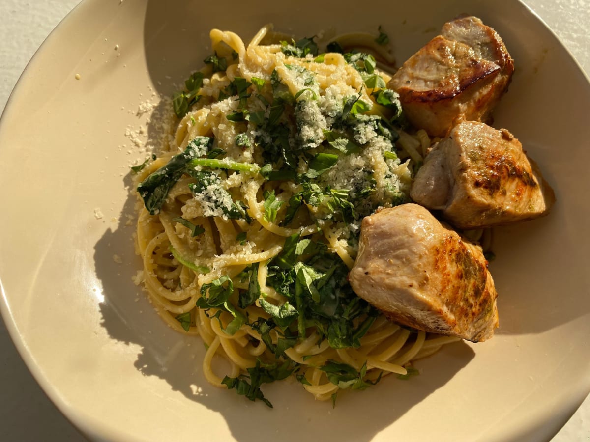 Garlic herb pork and creamy tagliatelle
