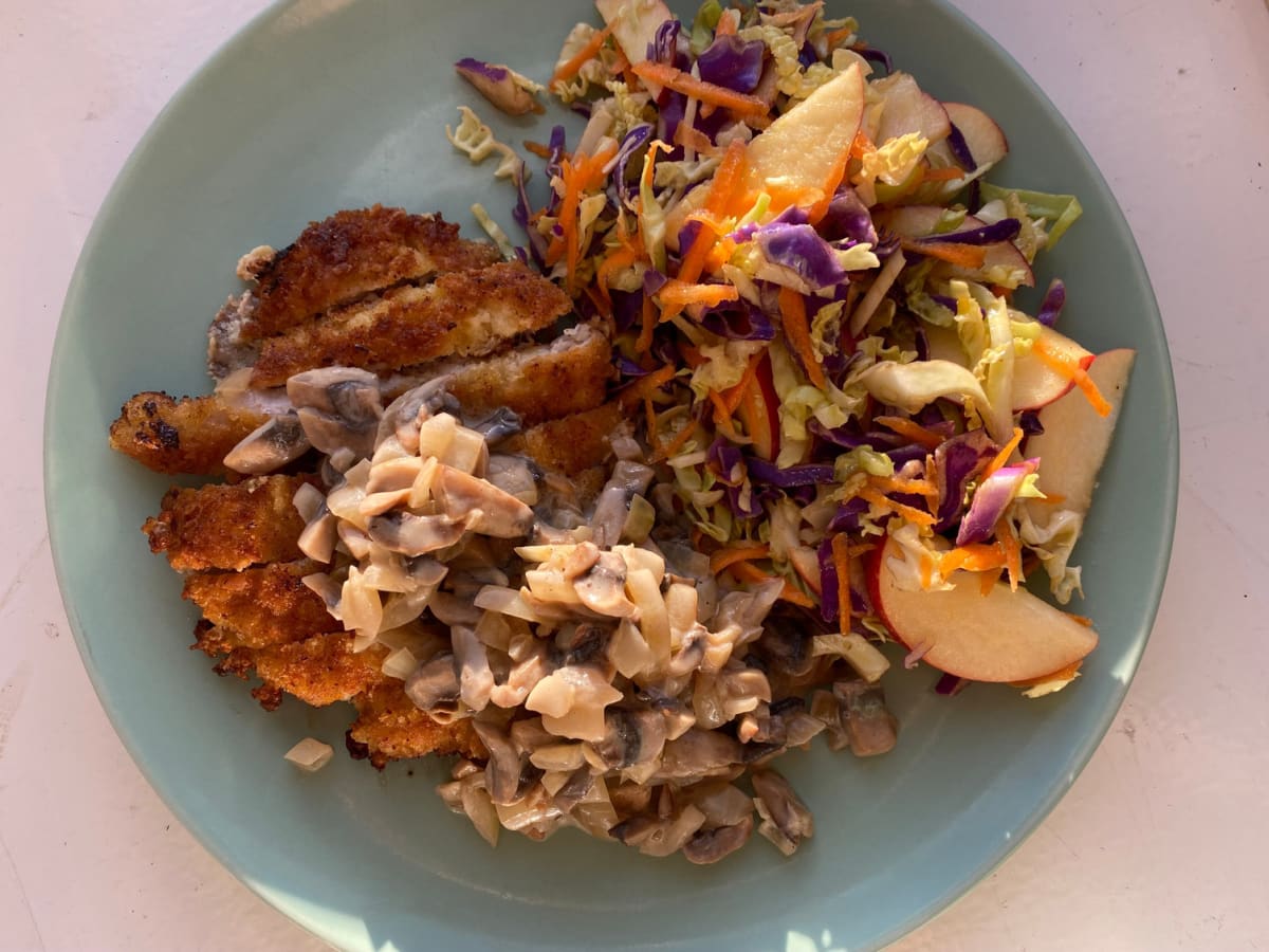 Crispy pork in mushroom cream sauce