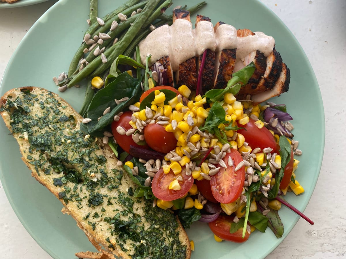 BBQ-marinated chicken and corn salad