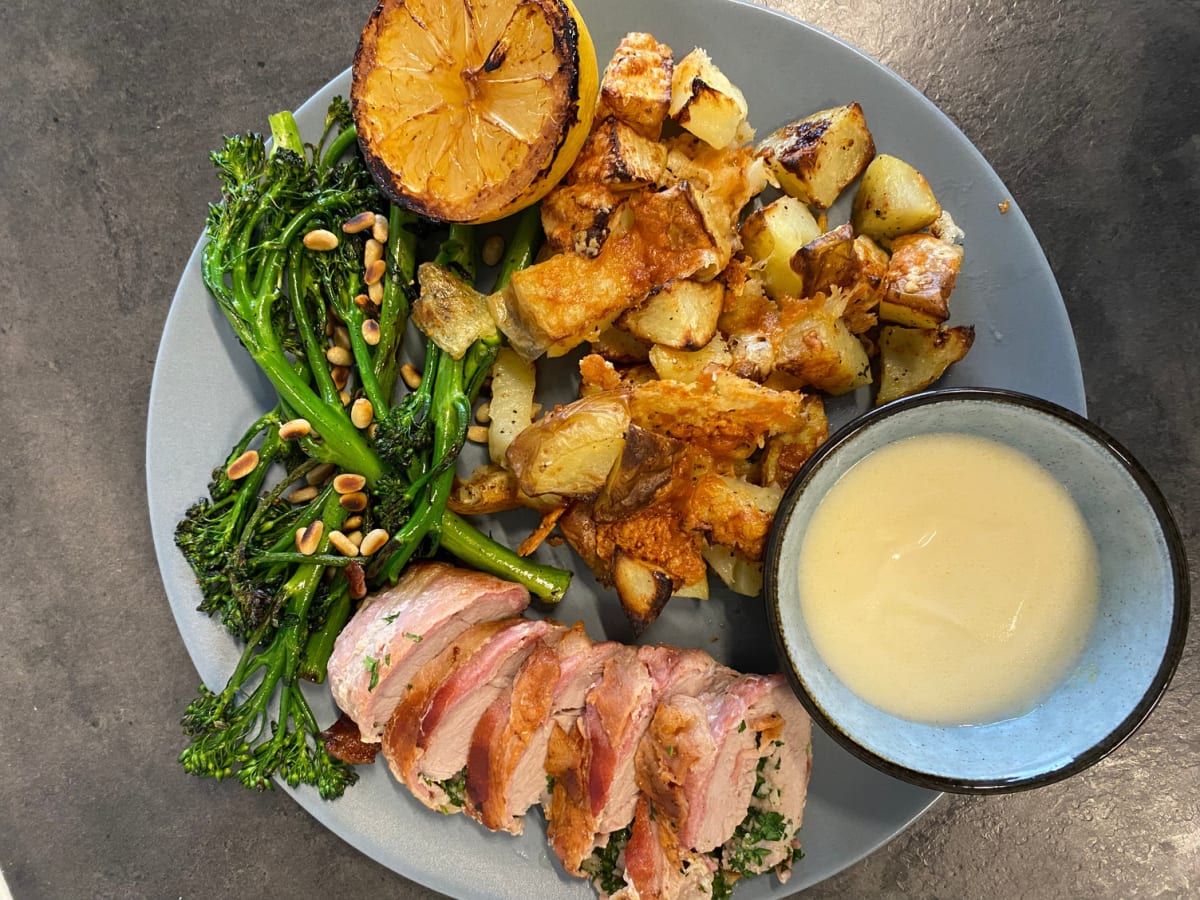 Bacon wrapped pork and truffle sauce