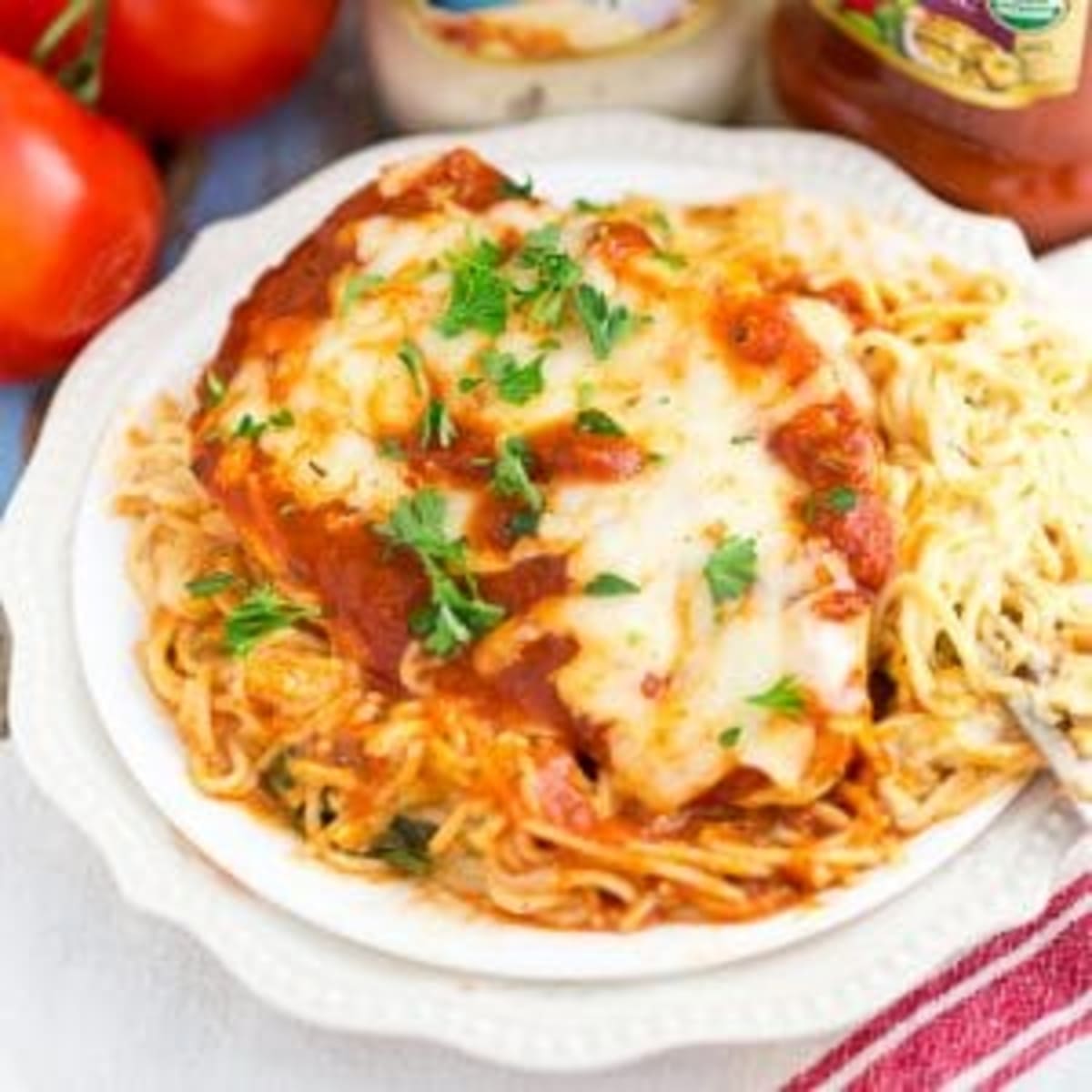 Naked Chicken Parm Over Rosy Marinara Rigatoni