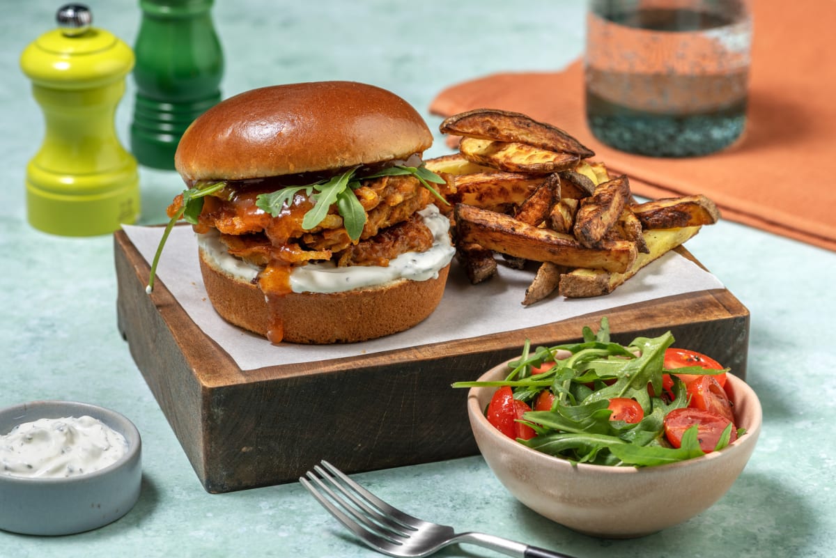 Onion Bhaji Fritter Burger and Chips