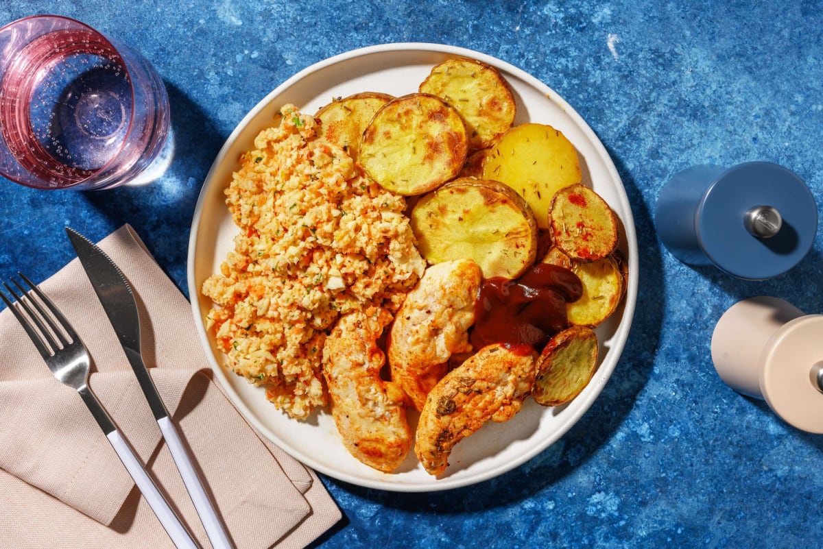 Paprika-Hähnchenstrips mit BBQ-Dip