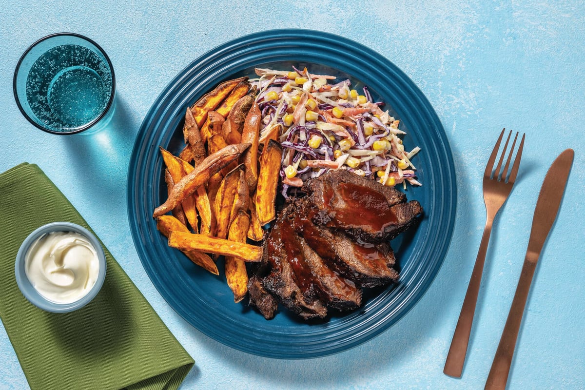 American-Style Beef Brisket with Sweet Potato Fries & Ranch Slaw