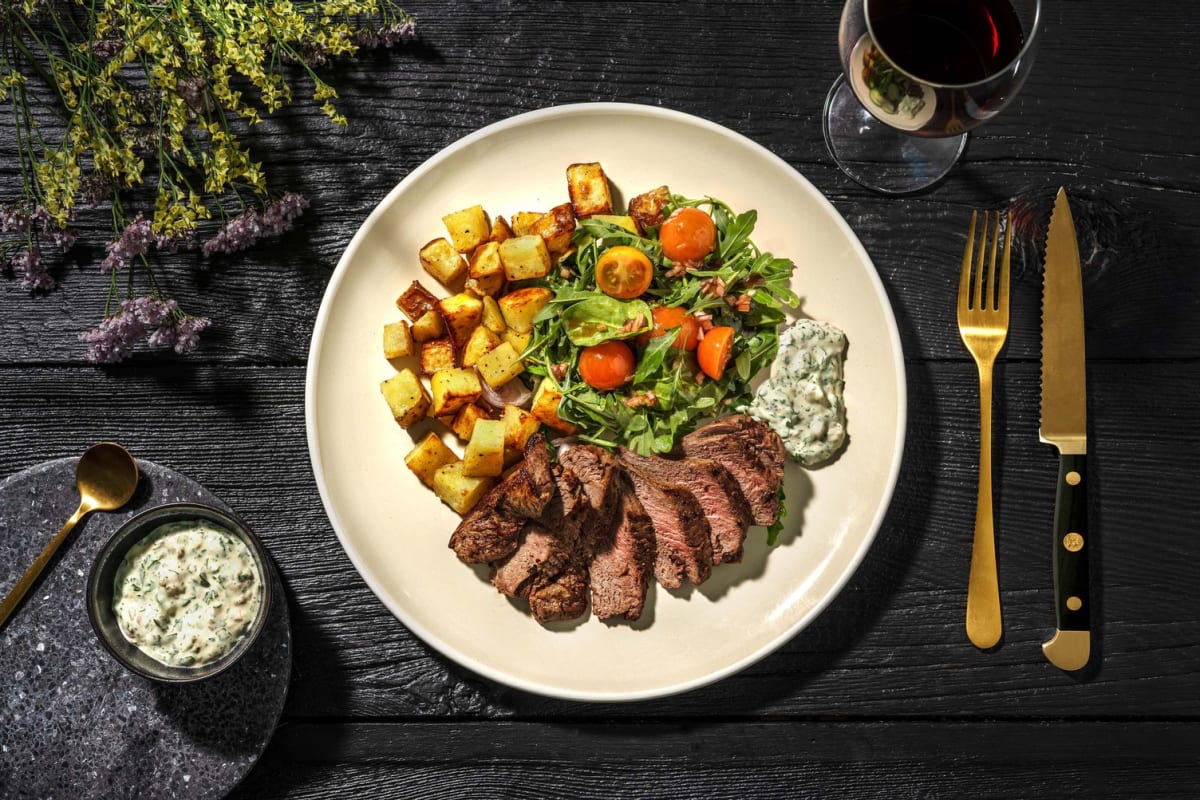 Argentinian Style Steaks with Chimichurri Aioli Potatoes and Salad