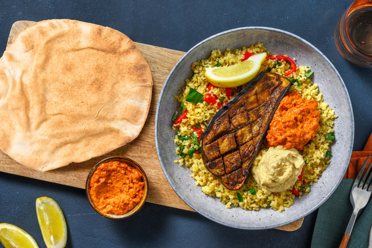 Aubergine met Midden-Oosterse kruiden en zelfgemaakte muhammara