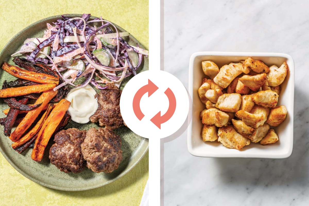 Aussie Pork Rissoles & Rainbow Fries