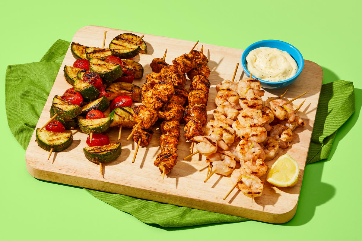 Backyard Shrimp, Chicken & Veggie Kebabs