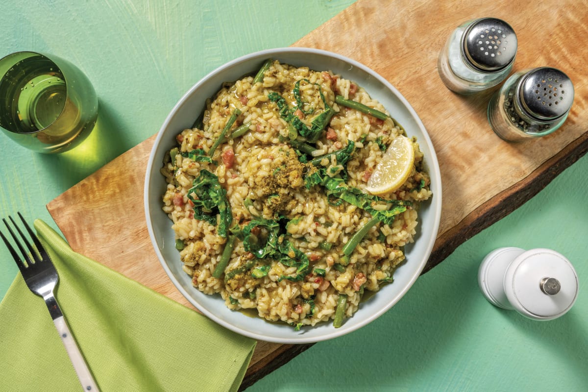 Bacon Basil Pesto Risotto with Green Veggies Parmesan