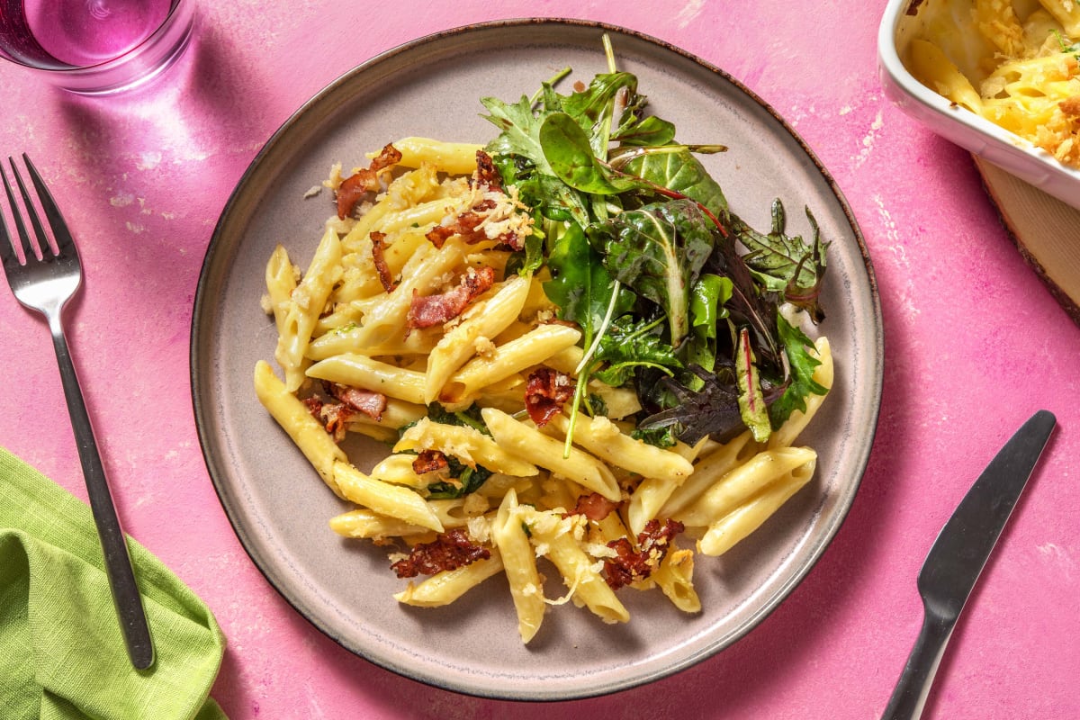 Bacon Crusted Kale Penne 'n' Cheese