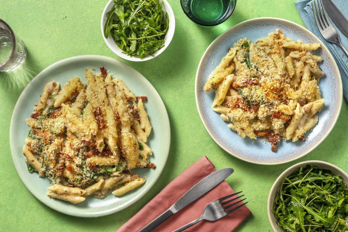 Bacon Crusted Cheese & Spinach Penne Bake