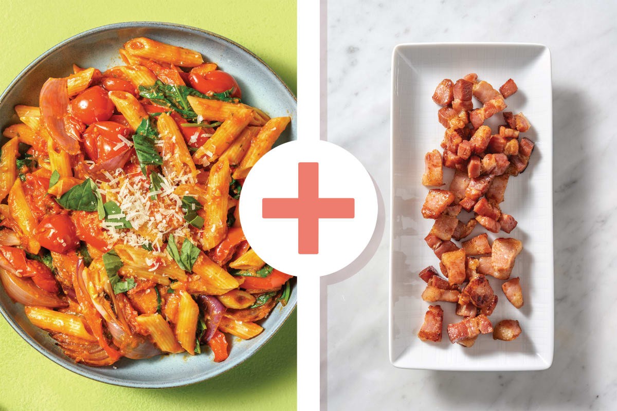 Bacon, Roasted Veggie & Pesto Penne
