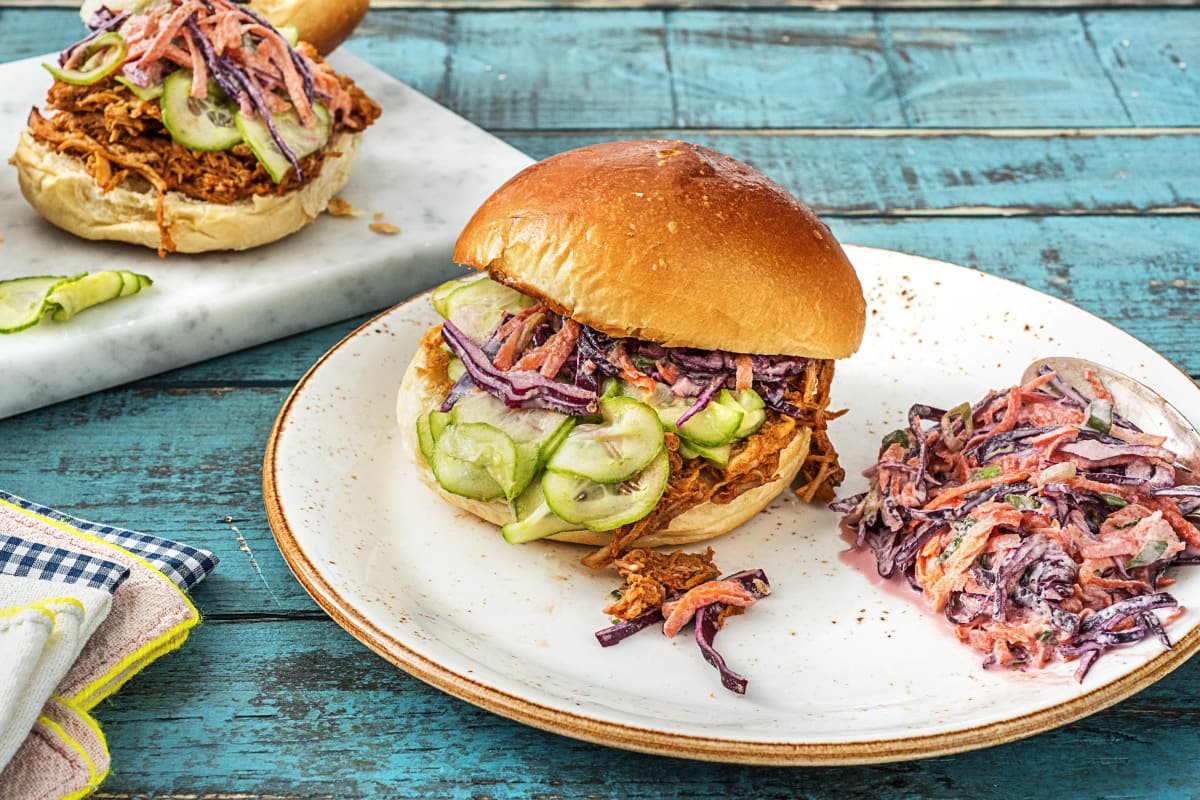 Barbecue Pulled Pork Sandwiches with Quick Pickled Cucumbers and a Cabbage Carrot Slaw