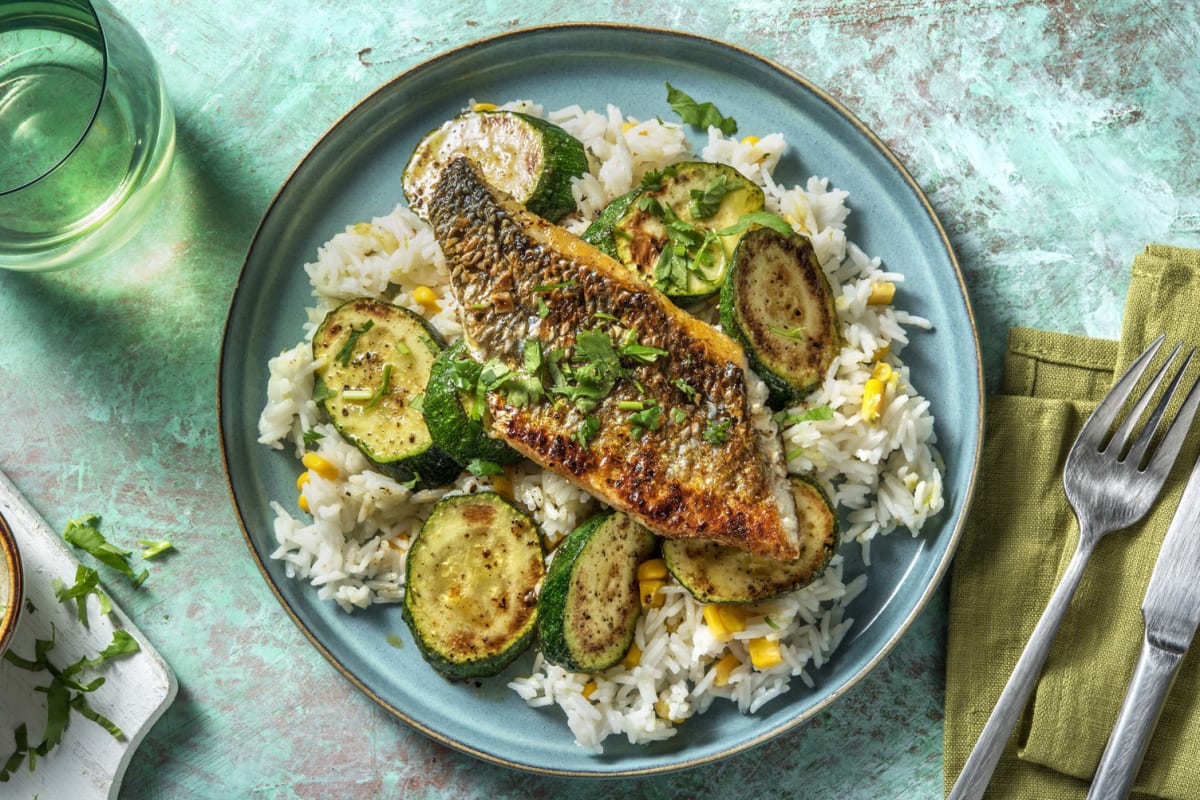 Barramundi à la mexicaine et riz au maïs