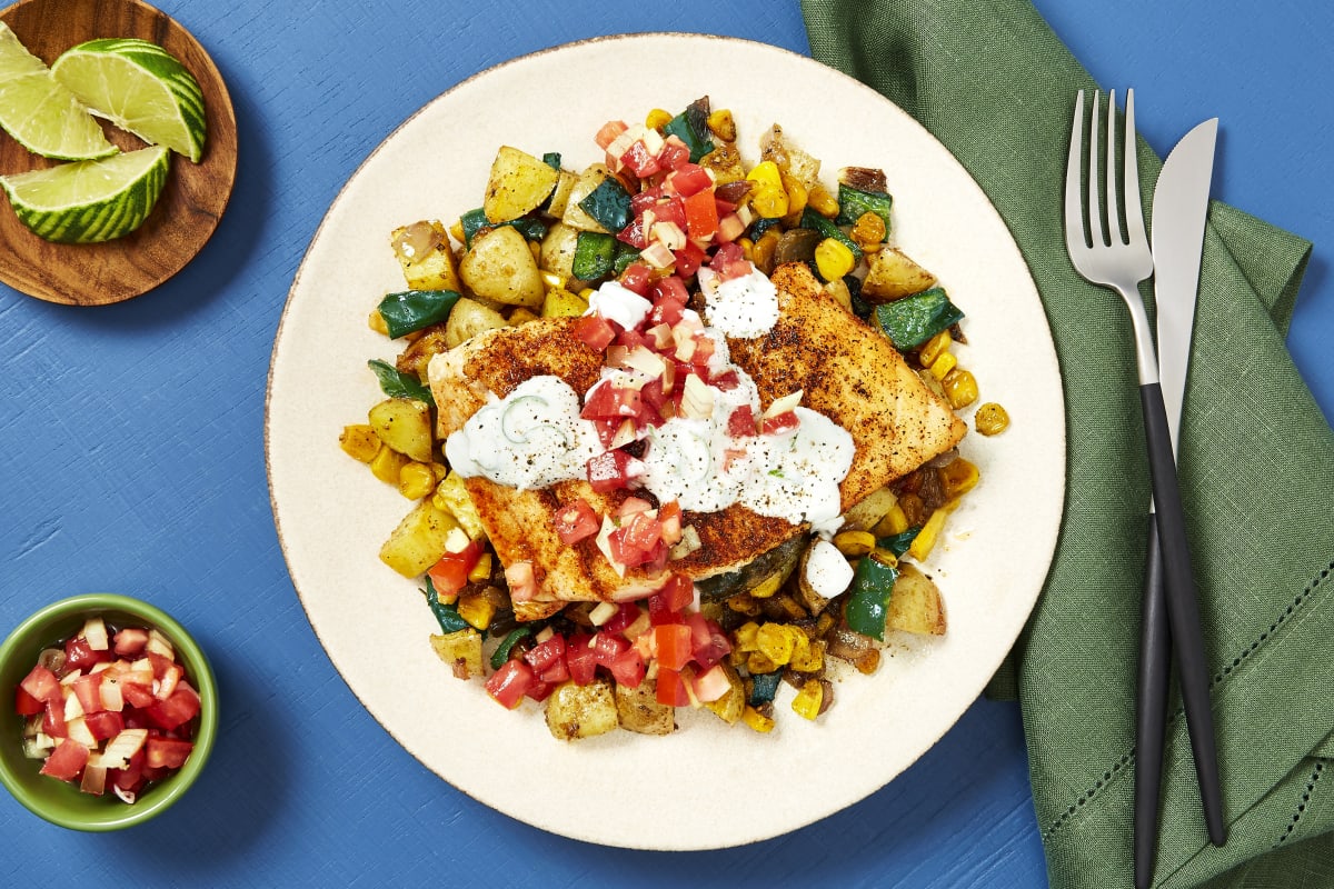 Barramundi over Corn & Poblano Hash