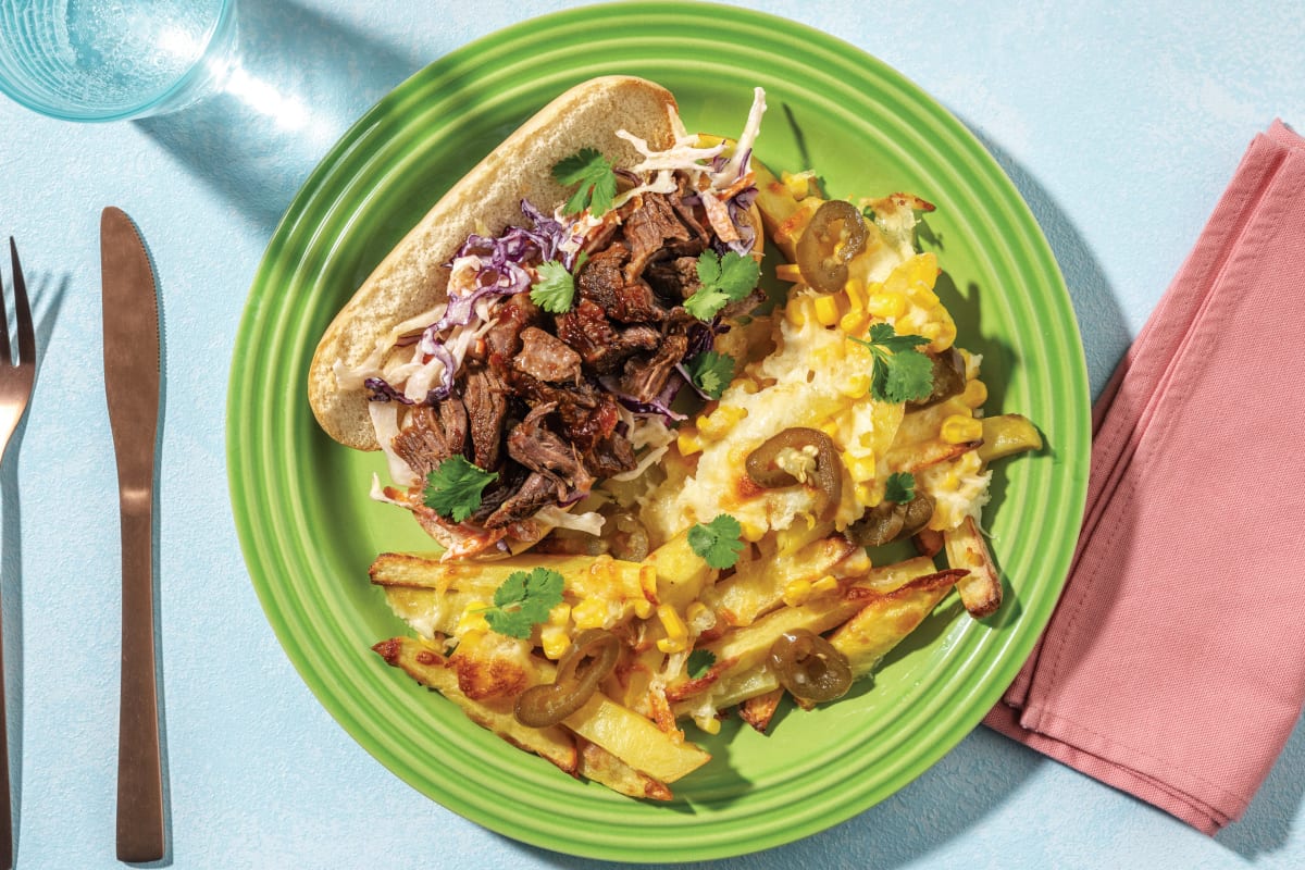 BBQ Beef Brisket Subs & Cheesy Corn Fries with Pickled Jalapeños & Coriander