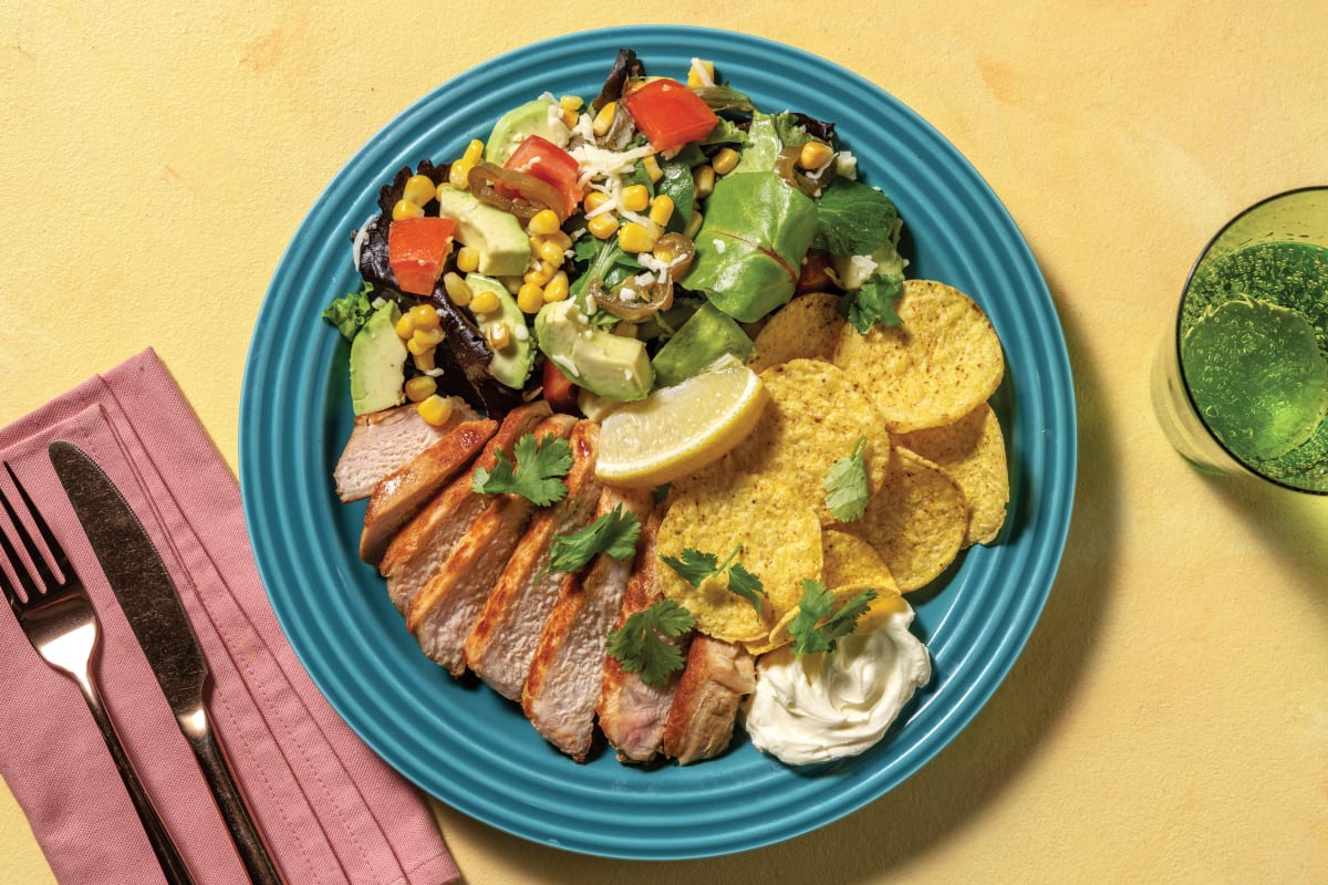 BBQ-Glazed Pork Steak with Avocado Salad, Corn Chips & Jalapeños