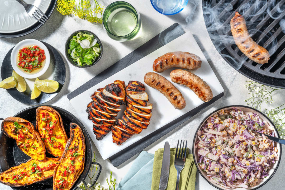 BBQ Jerk Style Chicken and Mango Glazed Sausages