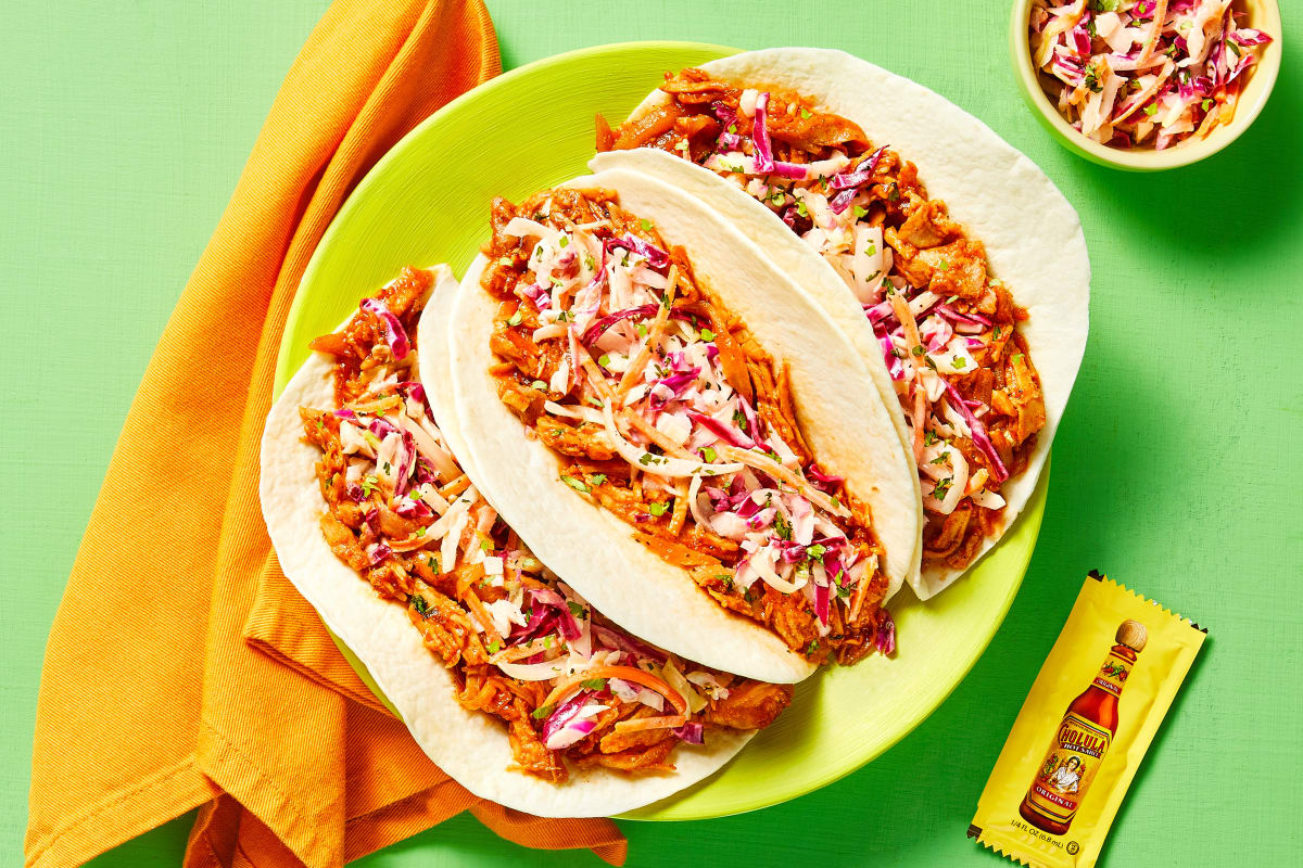 BBQ Pulled Chicken Tacos & CholulaⓇ Slaw