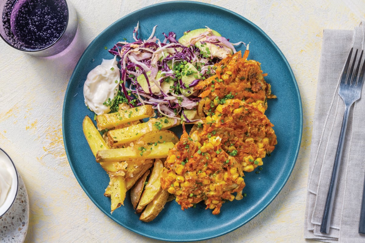 BBQ Veggie Fritters & Cheesy Fries