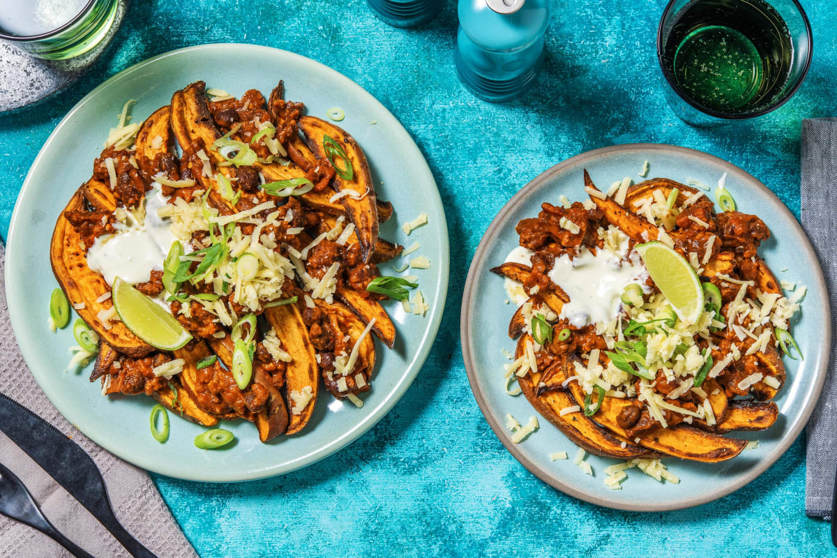 Beany Beef and Bacon Loaded Sweet Potato Wedges