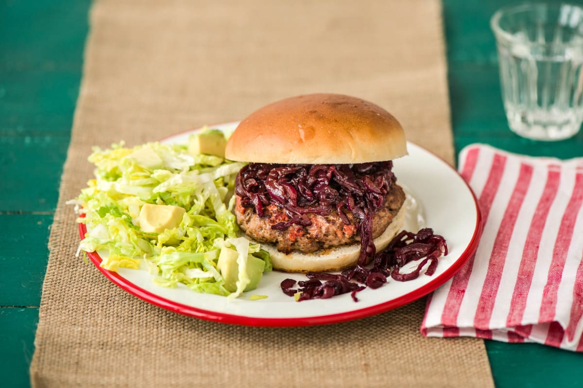 Beef and Chorizo Burgers with Red Onion Marmalade