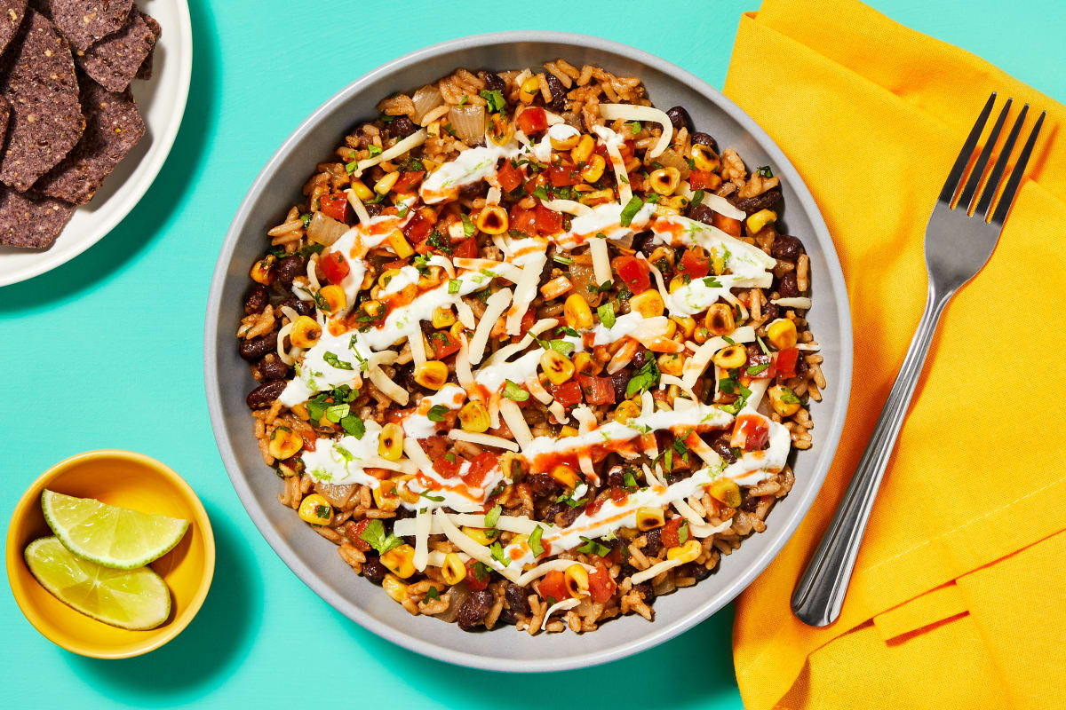 Beef, Black Bean & Charred Corn Burrito Bowls